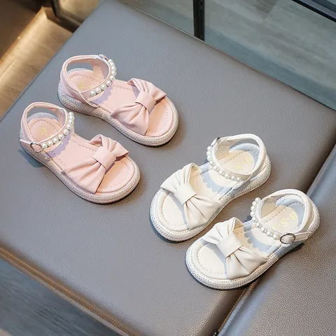 Girls Princess Sandals Bowknot Artificial Pearl Rhinestone Shoes PU Summer Beach Sandals Soft Sole Fashion Party Shoes For Kids