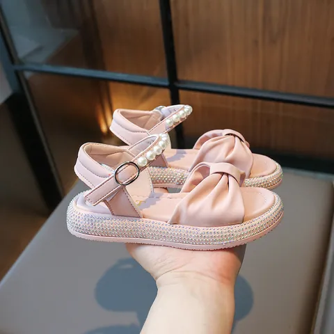 Girls Princess Sandals Bowknot Artificial Pearl Rhinestone Shoes PU Summer Beach Sandals Soft Sole Fashion Party Shoes For Kids