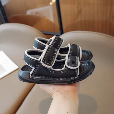 Kids Casual Sporty Sandals Soft Sole Summer Beach Shoes For Boys Girls Contrast Piping Velcro Strap PU Leather Sneakers