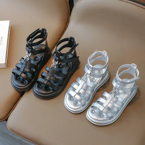 Girls Gladiator Roman Sandals High Top Summer Fashion PU Leather Non Slip Soft Sole Beach Shoes For Little Kids Black Silver
