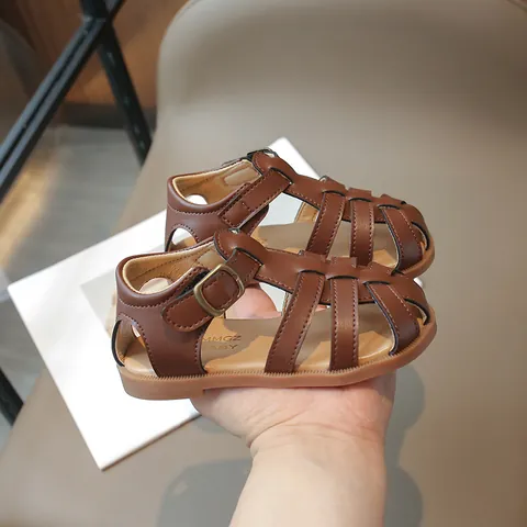 Toddler Kids Retro Woven Roman Sandals For Girls Summer Closed Toe PU Leather Beach Shoes With Magic Tape Closure Beige Brown