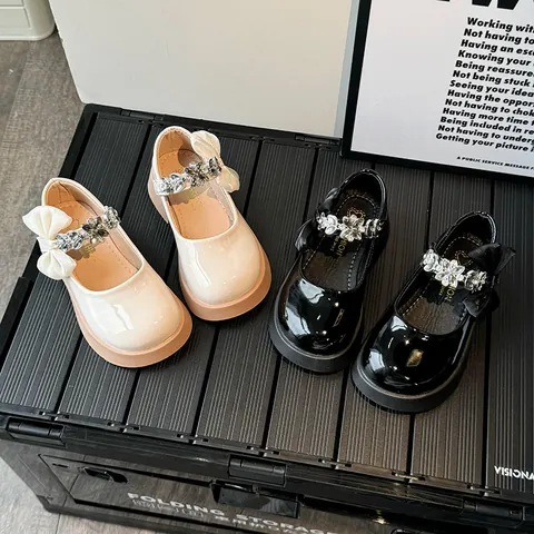 Zapatos Merceditas de Princesa para Niña Charol Flor de Strass y Lazo de Satin Suela Gruesa Antideslizante Escuela