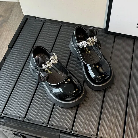 Zapatos Merceditas de Princesa para Niña Charol Flor de Strass y Lazo de Satin Suela Gruesa Antideslizante Escuela