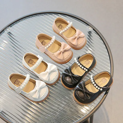 Girls Princess Mary Jane Shoes Cow Split Leather Pearl Bow Soft Sole Kids Wedding Party Performance Pink White Black Shoes