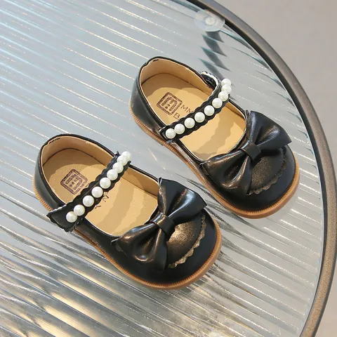Girls Princess Mary Jane Shoes Cow Split Leather Pearl Bow Soft Sole Kids Wedding Party Performance Pink White Black Shoes