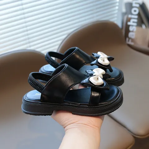 Girls Fashion Bowknot Sandals Korean Style Kids Princess Open Toe Summer Beach Shoes Elastic Back Strap Soft Sole PU Leather Flat Sandals