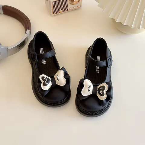 Zapatos Mary Jane para Niñas Lazo Cuero PU Zapatos Planos de Princesa Hebilla de Corazón Antideslizante Fiesta Boda Escuela Niños Zapatos de Vestir