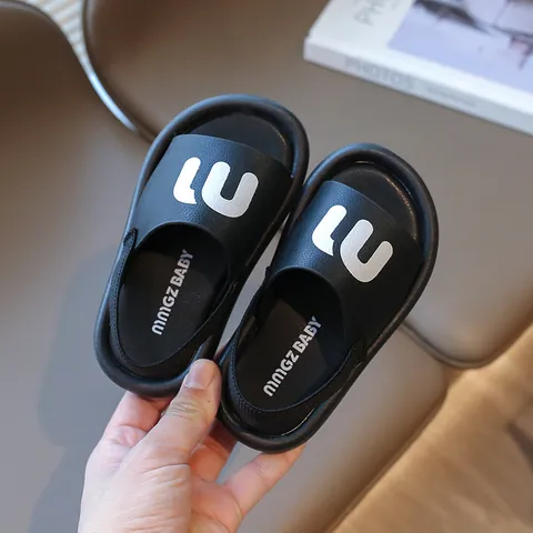 Summer Girls Fashion Letter PU Leather Sandals Thick Sole Lightweight Elastic Backstrap Beach Shoes Casual Sandals