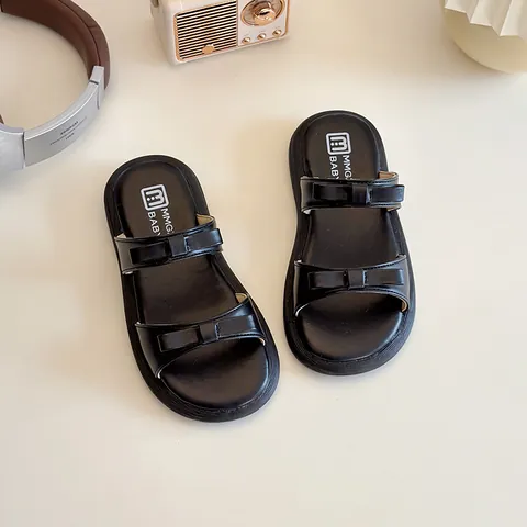 Mules à Nœud Papillon pour Filles en Cuir PU Double Bride Semelle Épaisse Décontracté Enfants Sandales Plates Style Coréen Chaussures d'Été