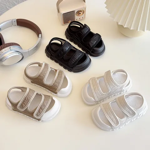 Kids Girls Summer Sandals Quilted Double Velcro Straps PU Leather Beach Shoes Anti Slip Thick Sole Toddler Fashion Sandals