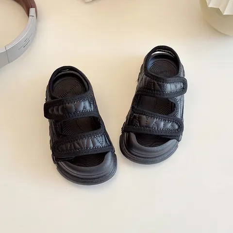Kids Girls Summer Sandals Quilted Double Velcro Straps PU Leather Beach Shoes Anti Slip Thick Sole Toddler Fashion Sandals