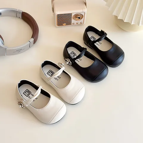 Zapatos Mary Jane para Niñas de Cuero PU Decoración de Flores y Perlas Artificiales Suela Blanda Antideslizante Bailarinas de Princesa para Boda Fiesta Diario