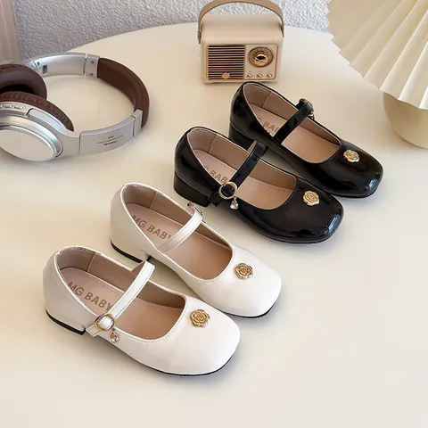Girls Patent Leather Mary Jane Princess Shoes Gold Rose Flower Low Block Heel Fashion Dress Shoes For Wedding Party