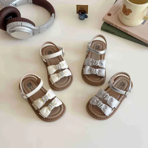 Girls Bow Rhinestone Princess Sandals Korean Style PU Leather Open Toe Summer Dress Shoes For Wedding Party School Children