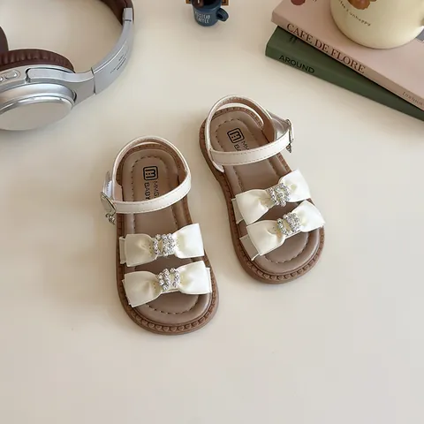 Girls Bow Rhinestone Princess Sandals Korean Style PU Leather Open Toe Summer Dress Shoes For Wedding Party School Children