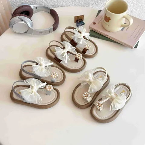 Girls Summer Sandals Soft Sole Princess Shoes Mesh Bow Pearl Rhinestone Decor For Kids Toddler Sweet Slip On Flat Shoes