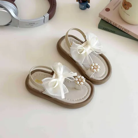 Girls Summer Sandals Soft Sole Princess Shoes Mesh Bow Pearl Rhinestone Decor For Kids Toddler Sweet Slip On Flat Shoes