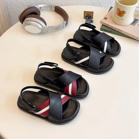 Kids Summer Casual Sandals PU Leather Open Toe Striped Beach Shoes With Hook And Loop Closure For Boys Girls Fashion Footwear