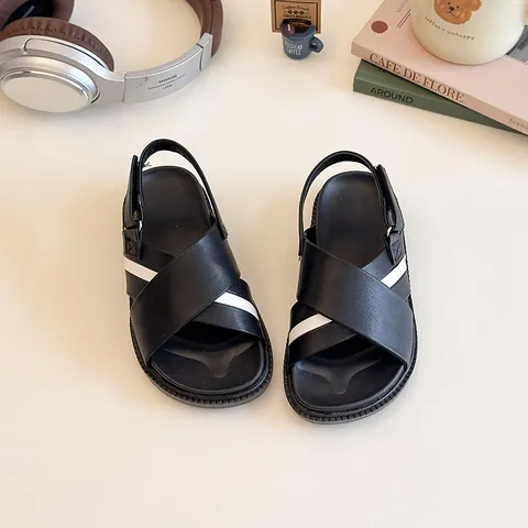 Kids Summer Casual Sandals PU Leather Open Toe Striped Beach Shoes With Hook And Loop Closure For Boys Girls Fashion Footwear