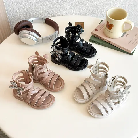 Girls Rhinestone Bow Roman Sandals Summer PU Soft Rubber Sole Gladiator Princess Shoes For Party Wedding Fashion Sandals