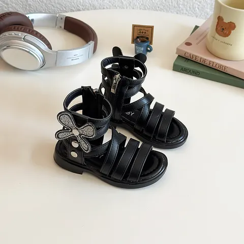Girls Rhinestone Bow Roman Sandals Summer PU Soft Rubber Sole Gladiator Princess Shoes For Party Wedding Fashion Sandals