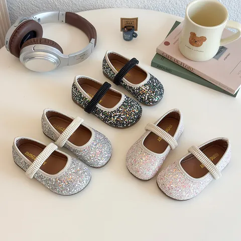 Shiny Sequins Girls Mary Jane Shoes Sparkly Princess Flat Shoes With Elastic Band Anti-Slip Round Toe Wedding Party Shoes