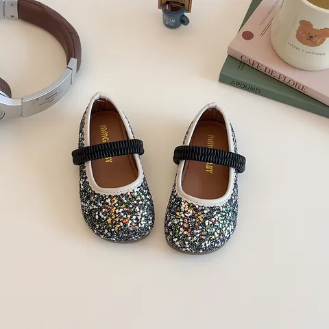 Shiny Sequins Girls Mary Jane Shoes Sparkly Princess Flat Shoes With Elastic Band Anti-Slip Round Toe Wedding Party Shoes