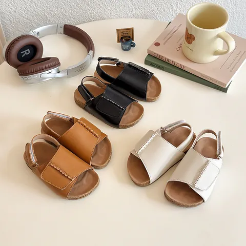 Kids Girls Casual Summer Sandals Soft PU Leather Open Toe Beach Shoes With Comfortable Hook And Loop Closure TPR Sole Plain Color