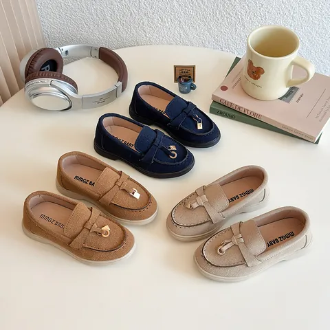 Kinder Mädchen PU Leder Loafer Britischer Stil Lässig Slip On Mokassins Mit Metallschnalle Rutschfeste Flache Schuhe Für Kleinkinder