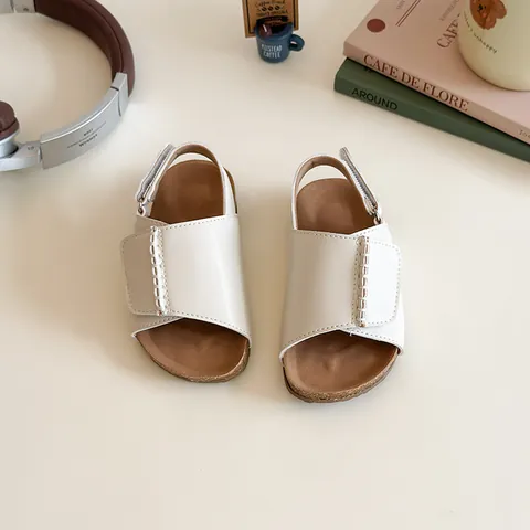 Kids Girls Casual Summer Sandals Soft PU Leather Open Toe Beach Shoes With Comfortable Hook And Loop Closure TPR Sole Plain Color