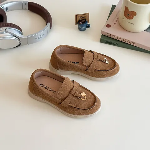 Kinder Mädchen PU Leder Loafer Britischer Stil Lässig Slip On Mokassins Mit Metallschnalle Rutschfeste Flache Schuhe Für Kleinkinder