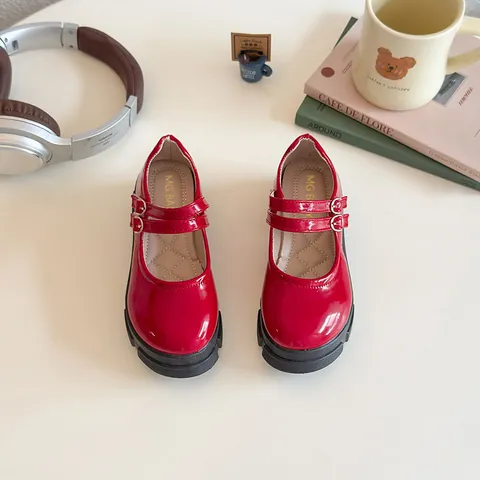 Girls Mary Jane Shoes Double Hook Loop Patent Leather Look Thick Sole Princess Shoes For School Party Casual Shoes