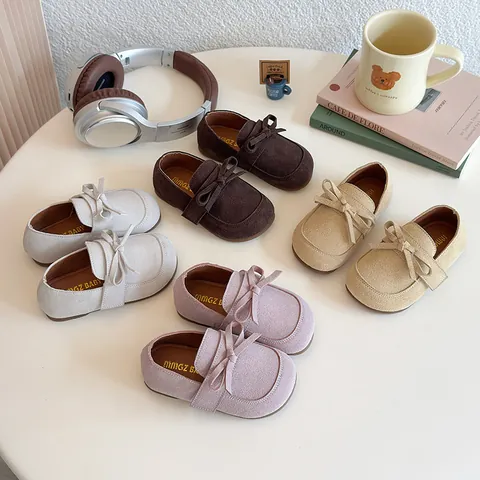 Girls Bowknot Princess Shoes Kids Minimalist Suede Texture Loafers Round Toe Toddler Single Shoes Non-Slip Flat Shoes Spring Autumn