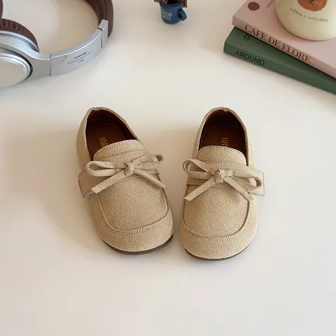 Girls Bowknot Princess Shoes Kids Minimalist Suede Texture Loafers Round Toe Toddler Single Shoes Non-Slip Flat Shoes Spring Autumn