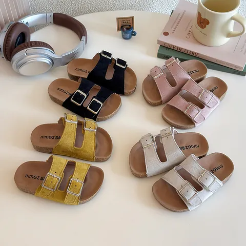 Girls Double Buckle Sandals Kids Suede Texture PU Cork Style Slides Non Slip Summer Beach Slippers Fashion Casual Shoes