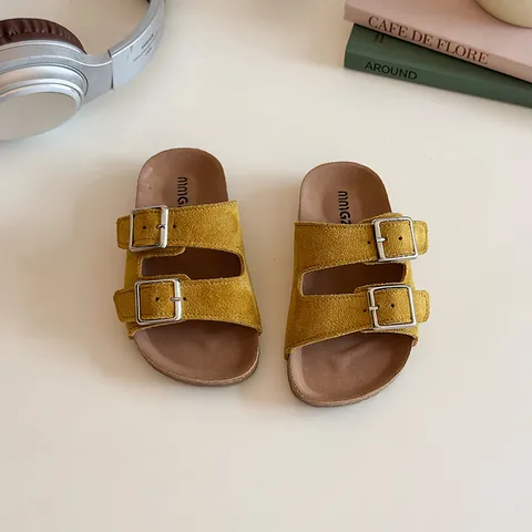 Girls Double Buckle Sandals Kids Suede Texture PU Cork Style Slides Non Slip Summer Beach Slippers Fashion Casual Shoes