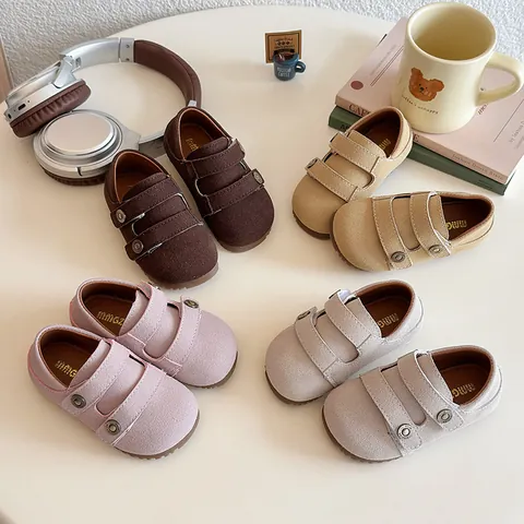 Girls Korean Style Casual PU Shoes Round Toe Soft Sole Hook And Loop Toddler Flat Shoes Beige Khaki Pink Brown Autumn