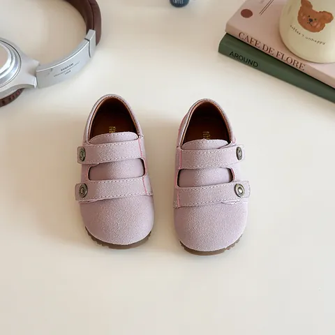 Girls Korean Style Casual PU Shoes Round Toe Soft Sole Hook And Loop Toddler Flat Shoes Beige Khaki Pink Brown Autumn
