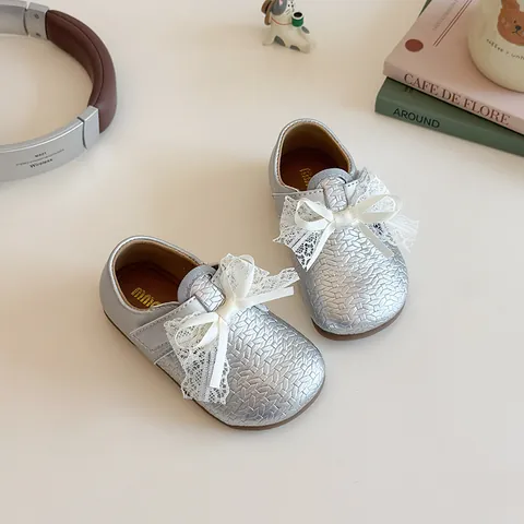 Girls Sweet Princess Shoes Lace Bow Mary Jane Flats Soft PU Leather Woven Texture Hook And Loop Party Daily Shoes
