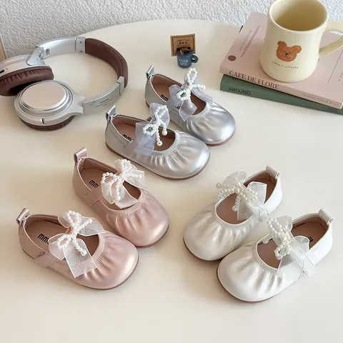 Girls Mary Jane Shoes Pearl Bow Princess Flat Shoes PU Leather Hook And Loop Spring Autumn Kids Dress Party Single Shoes