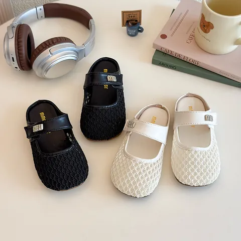 Mules Mary Jane en Maille Tissée pour Filles Boucle à Lettre en Strass Respirant Semelle Souple Sandales de Princesse Chaussures d'Été