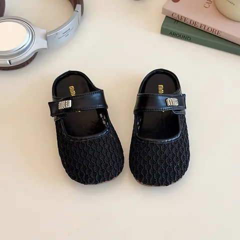 Mules Mary Jane en Maille Tissée pour Filles Boucle à Lettre en Strass Respirant Semelle Souple Sandales de Princesse Chaussures d'Été