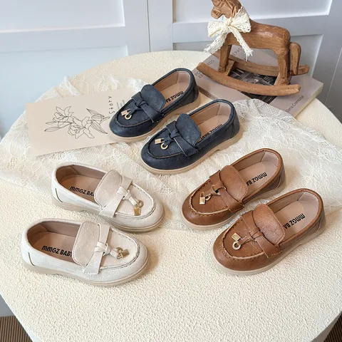 Kids Loafers British Style Soft Sole Casual Leather Shoes With Metal Lock Bowknot For Boys Girls Toddler Spring Autumn Non-slip Shoes