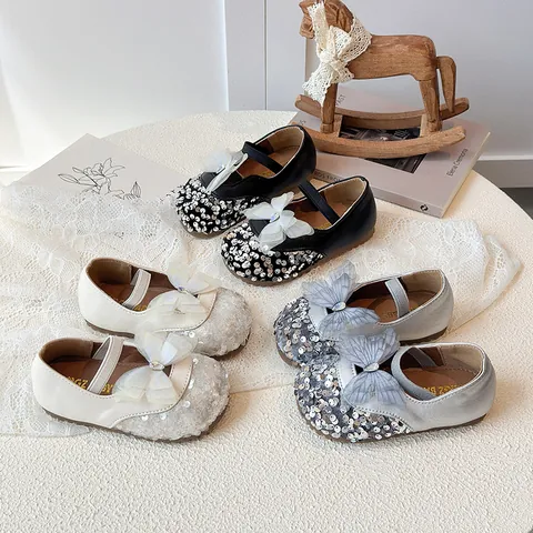Girls Sequin Bow Princess Shoes Mary Jane Flats For Kids Toddlers Wedding Party Dress Shoes Sweet Soft Sole Footwear