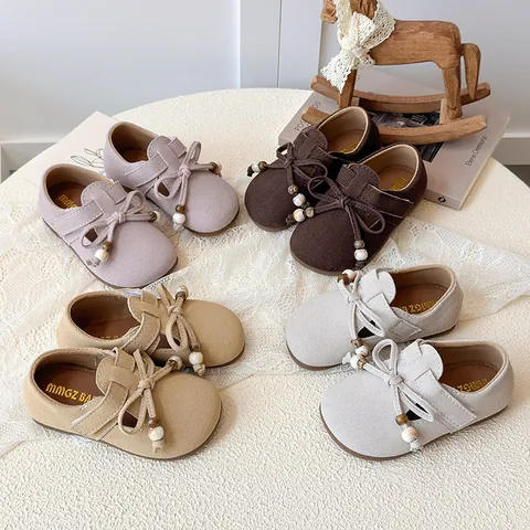 Toddler Girls Bow Mary Jane Shoes Suede Look PU Soft Sole Princess Flats Hook And Loop Beads Casual School Dress Shoes