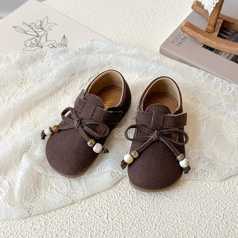 Toddler Girls Bow Mary Jane Shoes Suede Look PU Soft Sole Princess Flats Hook And Loop Beads Casual School Dress Shoes