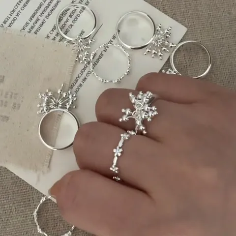 Vintage Elegant S925 Sterling Silver Flower Open Ring For Women Fireworks Cluster Round Bead Adjustable Finger Ring Fashion Jewelry Gift