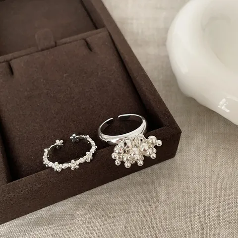 Vintage Elegant S925 Sterling Silver Flower Open Ring For Women Fireworks Cluster Round Bead Adjustable Finger Ring Fashion Jewelry Gift