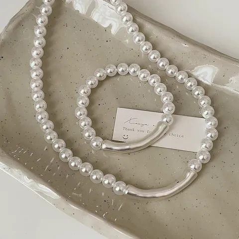 French Retro Matte Metal Tube Faux Pearl Necklace And Bracelet For Women Elegant Gold Plated Minimalist Choker Accessory