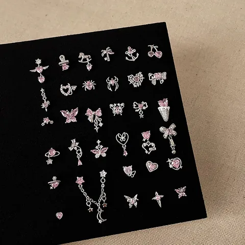 Sweet Pink Zirconia Heart Bow Butterfly Stud Earrings For Women Silver Earring Post Alloy Ear Bone Nail Jewelry Gift